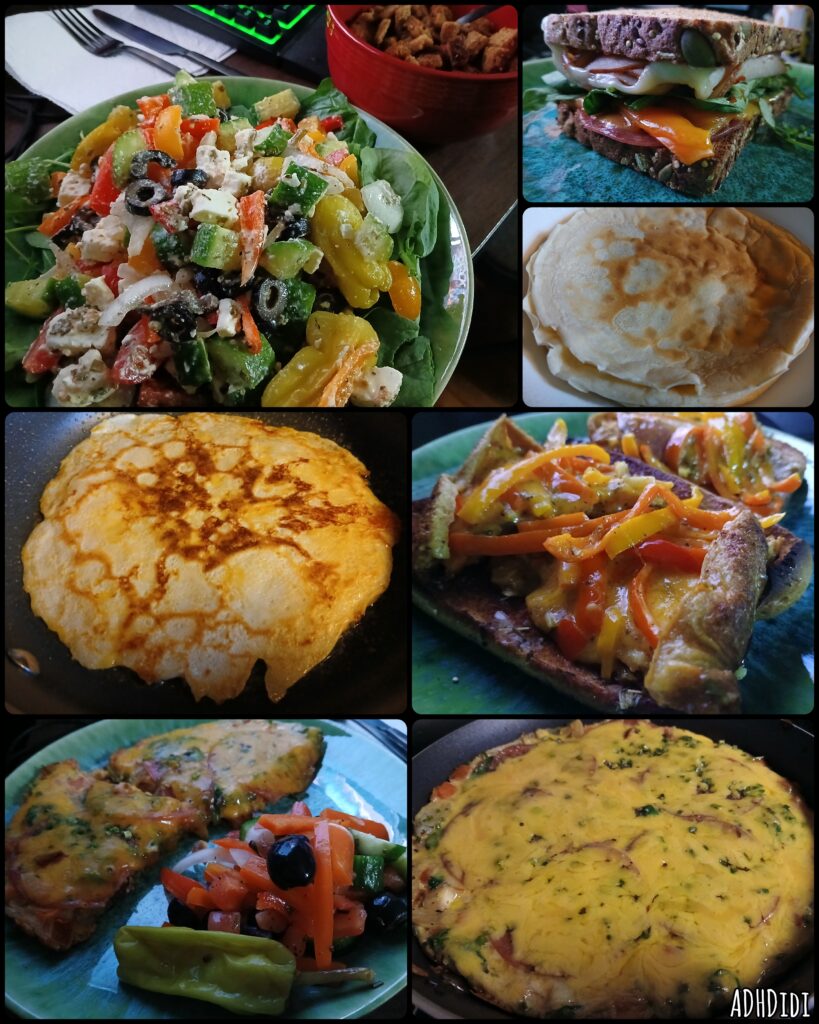 Collage of seven pictures. A big salad with garlic croutons, Dutch pancakes, several kinds of omelets, and a beautiful toasted multigrain sandwich with meats, cheeses, and veggies.